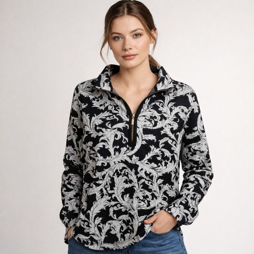 Soft Surroundings Tunic Shirt Womens XS Black Scroll Floral Half Zip Top Stretch